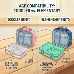 An age compatibility comparison chart between toddler and elementary sizes for a bento box that fits in pottery barn classic bags.