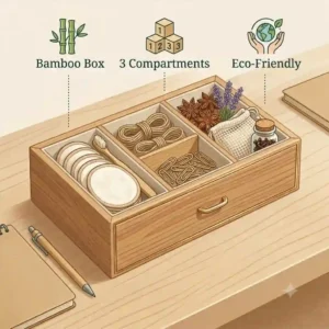 A sustainable bamboo storage box with 3 compartments showcasing eco-friendly home organization.