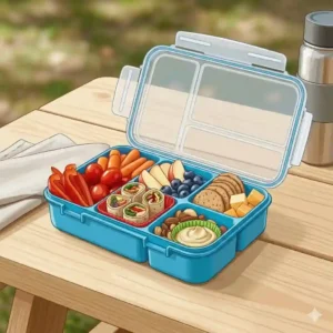 An inside view illustration of a bento style bpa free snack box with various food sections.