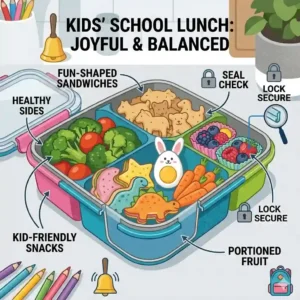 An engaging illustration of a bpa free bento packed with a nutritious and fun school lunch for kids.