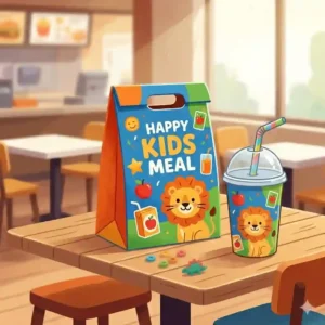 A complete fast food packaging setup showing a printed kids meal bag alongside a small drink cup.
