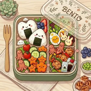 Colorful illustration of traditional Japanese style cute bento boxes for adults featuring smiling tamagoyaki and octopus-shaped sausages.