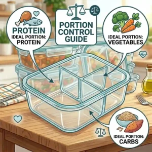 A graphic illustration demonstrating portion control using glass containers 3 compartment for healthy eating.