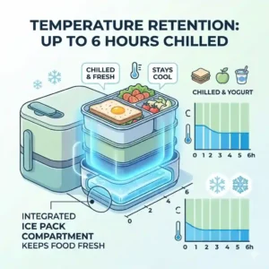 An infographic illustrating how a bento box with an ice pack compartment keeps food chilled and fresh for up to 6 hours.