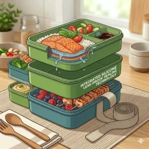 A compact stackable bento lunch box fitting easily into an everyday office bag.