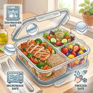 An illustration of stackable three compartment food containers neatly organized in a kitchen cabinet to save storage space.