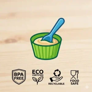 Illustration displaying official safety and eco certifications for a bpa free snack box.