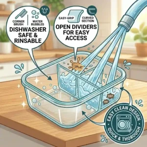 An illustration showing glass containers 3 compartment being easily washed in a dishwasher.