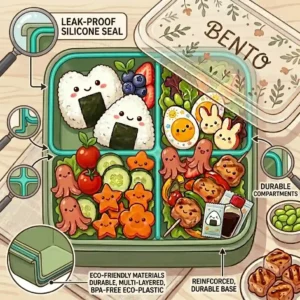 An exploded view diagram showing the leak-proof silicone seal and durable compartments of cute bento boxes for adults.