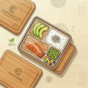 Illustration of a compact, leak-proof corporate bento box with a secure strap, showcasing portability for the daily office commute.
