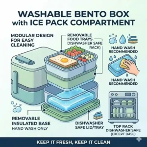 An illustration showing the easy-to-clean, removable parts of a bento box with ice pack compartment.