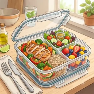 A lifestyle illustration of a person packing three compartment food containers into a travel bag for a healthy workday lunch.