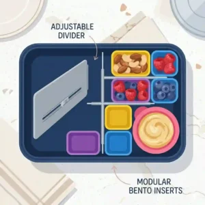 Easy-to-clean bento inserts being washed in a kitchen sink and placed in a dishwasher rack.