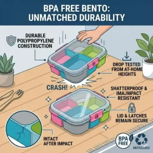 Illustration proving the long-lasting quality and impact resistance of a bpa free bento container