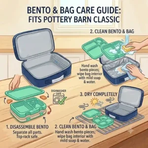 A step-by-step cleaning and care guide diagram for maintaining a bento box that fits in pottery barn classic lunch kits.