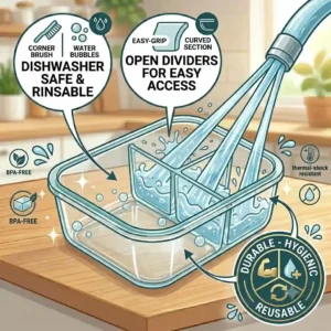 An eco-friendly illustration highlighting the durable, BPA-free material of glass containers 3 compartment.