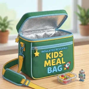 An insulated reusable kids meal bag with a zipper closure, ideal for school lunches.
