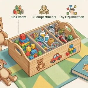A colorful children's toy storage box with 3 compartments filled with building blocks and crafts.