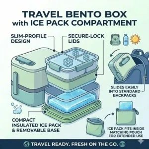 A slim-profile bento box with an ice pack compartment being slid easily into a standard school backpack.