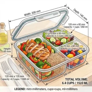 A technical sizing chart showing the exact volume capacity and dimensions of each section in the three compartment food containers.