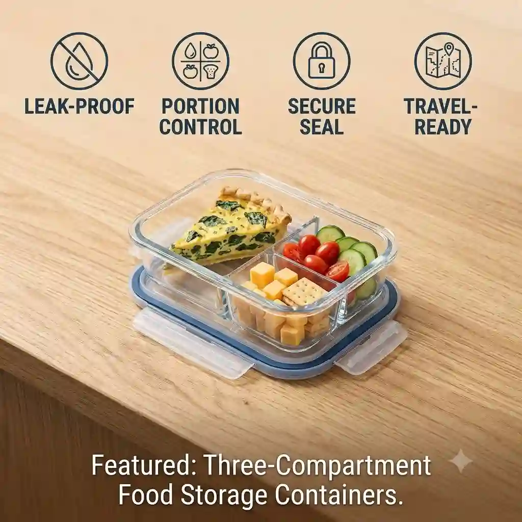 Balanced meal of chicken, rice, and broccoli in clean three-compartment food storage containers on a modern countertop.