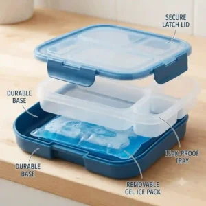 A disassembled view showing the layers of the multi-tray bento lunch box with ice pack.