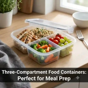 Stack of meal prep three-compartment food storage containers with visible healthy meal portions ready for the week.