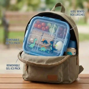 A colorful bento lunch box with ice pack tucked inside a children's backpack.