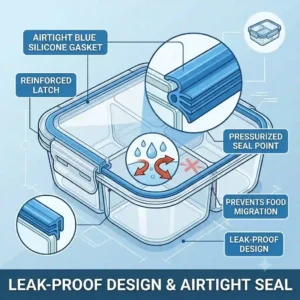 An infographic illustration showing the airtight, leakproof seal of three-compartment food storage containers for mess-free travel.