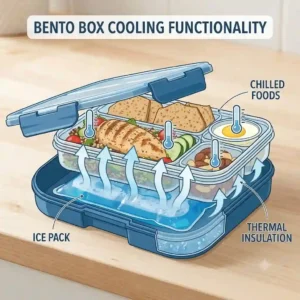 A cutaway illustration demonstrating the cooling action of the bento lunch box with ice pack.