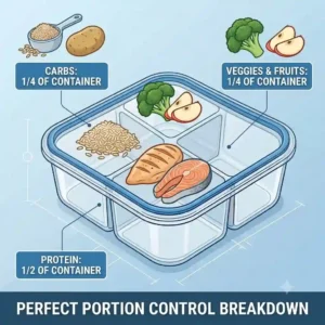 Diagram with portion control guide for using three-compartment food storage containers for proteins, carbs, and vegetables.