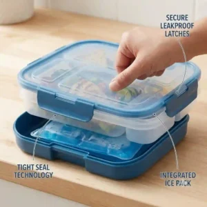 A close-up view showing the secure, leakproof latches of the bento lunch box with ice pack.