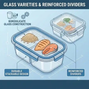 Durable glass three-compartment food storage containers with food, showing crystal-clear quality and dividers.