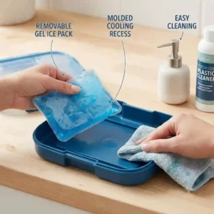 A person easily removing the parts for cleaning the bento lunch box with ice pack.