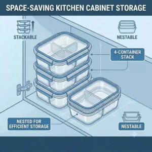 A close-up view of three-compartment food storage containers neatly stacked on top of each other.