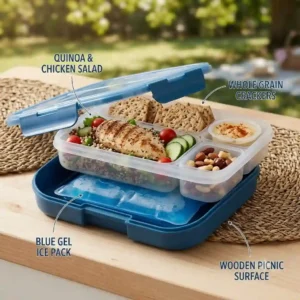 A modern bento lunch box with ice pack sitting open on a wooden picnic table at a park.