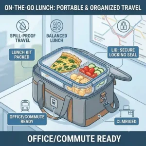 Three-compartment food storage containers containing lunch packed inside a commuting bag for an on-the-go lifestyle.